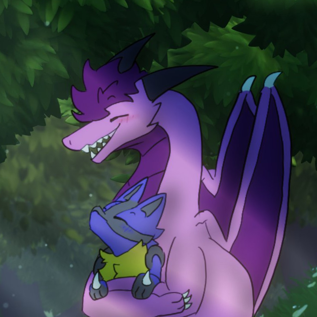 A dragon and a lucario hugging